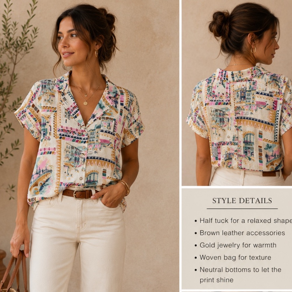 Printed Short-Sleeve V-Neck Button Front Top by Lucky Brand